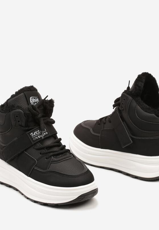 Czarne Sneakersy Ocieplane na Płaskiej Podeszwie z Wysoką Cholewką Rialithra 6