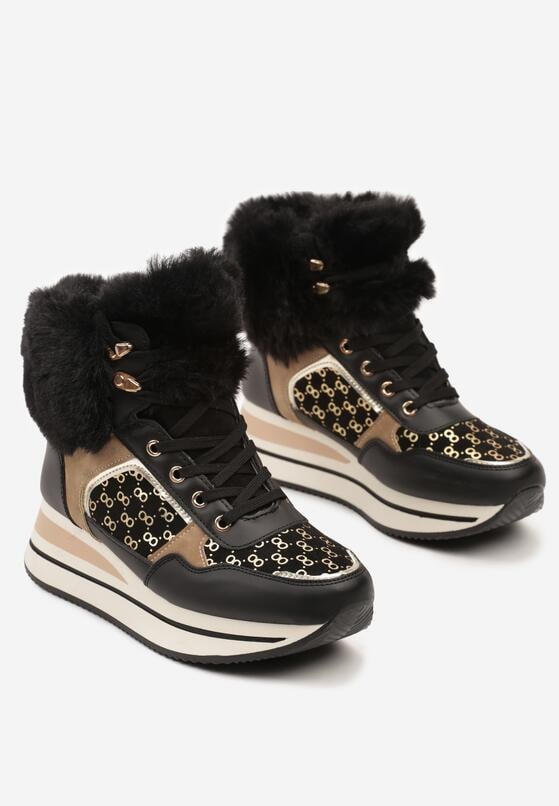 Czarne Sneakersy na Grubej Podeszwie Ozdobione Futerkiem i Metalicznymi Wstawkami Miathrae 5