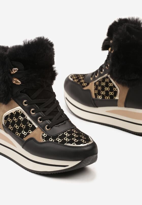 Czarne Sneakersy na Grubej Podeszwie Ozdobione Futerkiem i Metalicznymi Wstawkami Miathrae 6