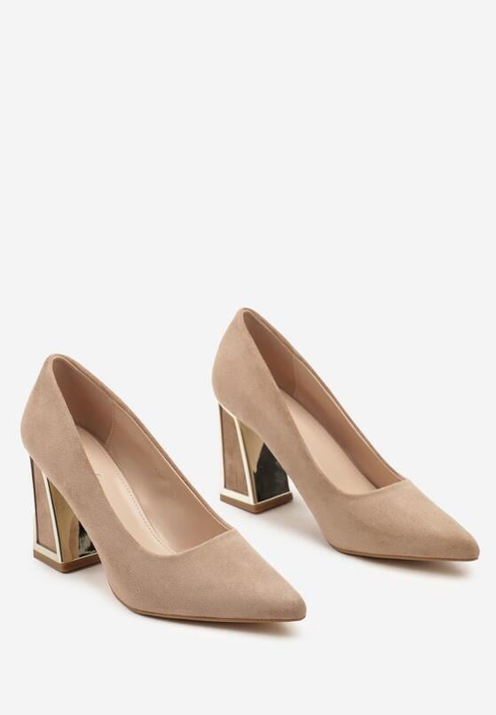 Ciemnobeżowe Eleganckie Czółenka na Obcasie z Metaliczną Wstawką Enathraen 5