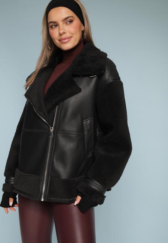 Czarna Kurtka Ramoneska z Kożuszkiem Zirara 1