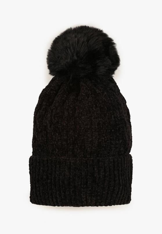 Czarna Czapka z Pomponem Zdobiona Warkoczowym Splotem Emmirae 1