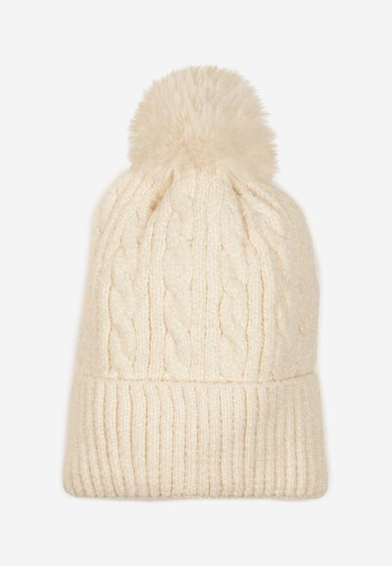 Beżowa Czapka z Pomponem Zdobiona Warkoczowym Splotem Emmirae 1