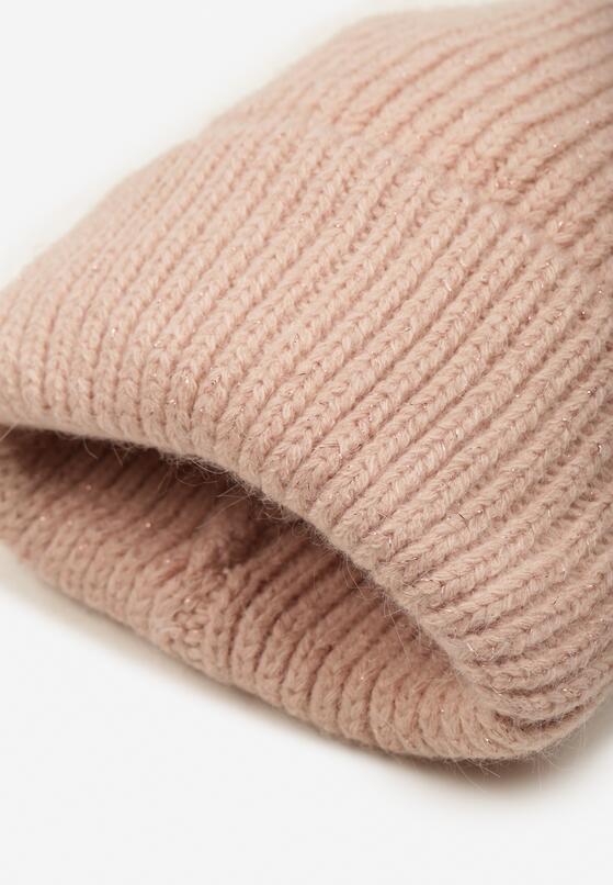 Różowa Prążkowana Czapka Beanie z Wiskozą i Metaliczną Nicią Temiala 4