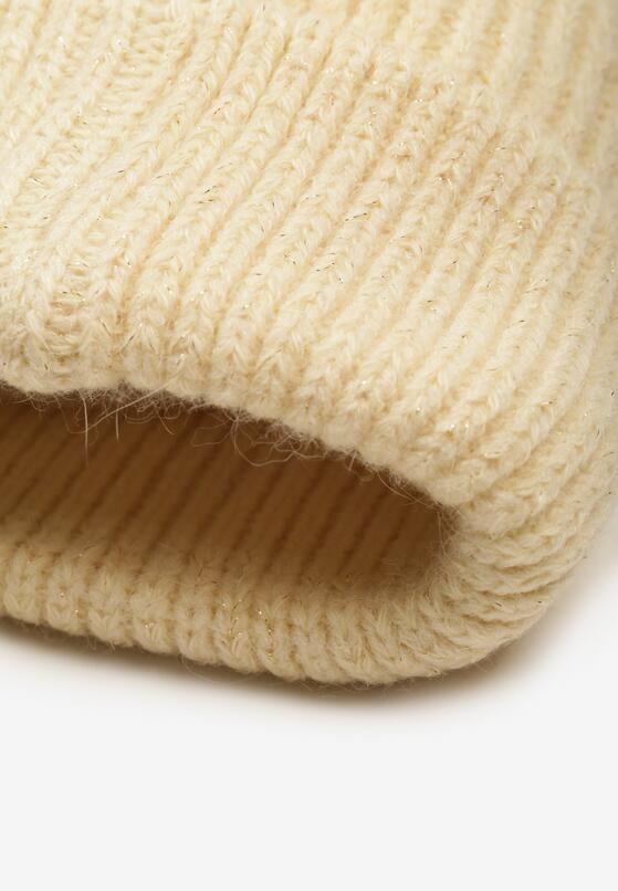 Beżowa Prążkowana Czapka Beanie z Wiskozą i Metaliczną Nicią Temiala 4