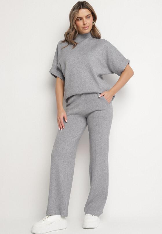 Szary Dzianinowy Komplet Oversize z Wiskozą Szerokie Spodnie i T-shirt Lannethria 1