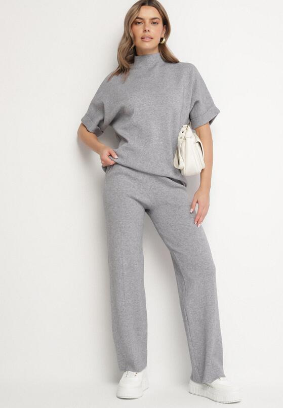 Szary Dzianinowy Komplet Oversize z Wiskozą Szerokie Spodnie i T-shirt Lannethria 2