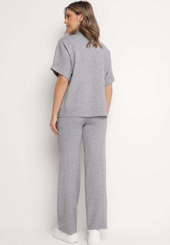 Szary Dzianinowy Komplet Oversize z Wiskozą Szerokie Spodnie i T-shirt Lannethria 3