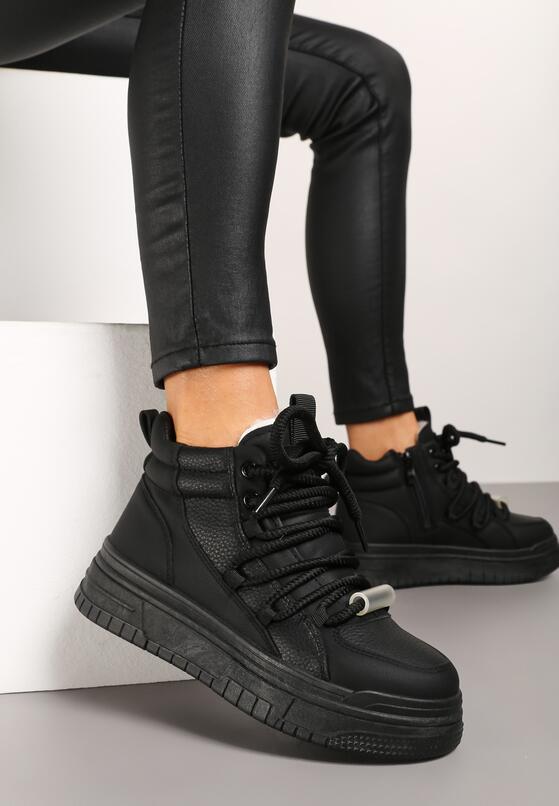 Czarne Sznurowane Sneakersy na Grubej Podeszwie z Tłoczeniem za Kostkę z Futerkiem Tamilda 2