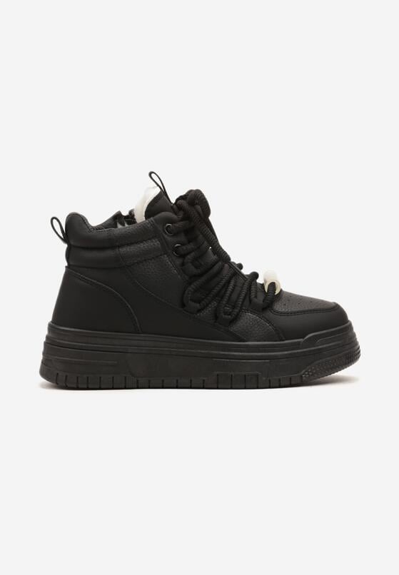 Czarne Sznurowane Sneakersy na Grubej Podeszwie z Tłoczeniem za Kostkę z Futerkiem Tamilda 4