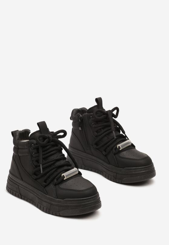 Czarne Sznurowane Sneakersy na Grubej Podeszwie z Tłoczeniem za Kostkę z Futerkiem Tamilda 5