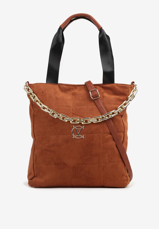 Brązowa Torebka Shopper z Imitacji Zamszu z Ozdobnym Łańcuszkiem Leannor 1