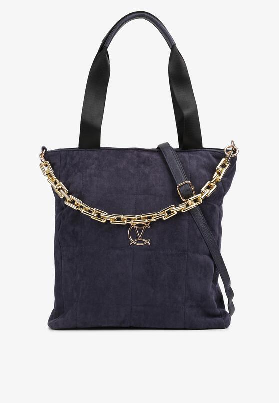 Granatowa Torebka Shopper z Imitacji Zamszu z Ozdobnym Łańcuszkiem Leannor 1