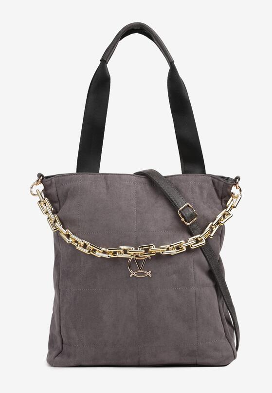 Szara Torebka Shopper z Imitacji Zamszu z Ozdobnym Łańcuszkiem Leannor 1