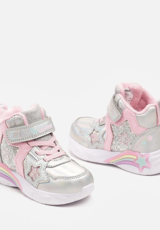 Srebrne Botki Sneakersy ze Świecącą Podeszwą Ozdobione Gwiazdkami i Brokatem Notavia 3