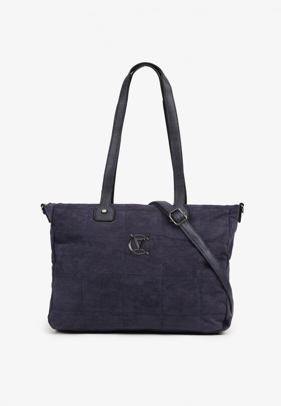 Granatowa Torebka Shopper z Imitacji Zamszu z Metalową Aplikacją i Dodatkowym Paskiem Cotavia 1