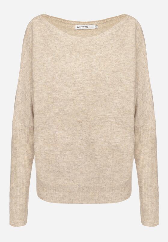 Beżowy Sweter z Lnem i Dekoltem w Łódkę o Kroju Oversize Sassirra 6