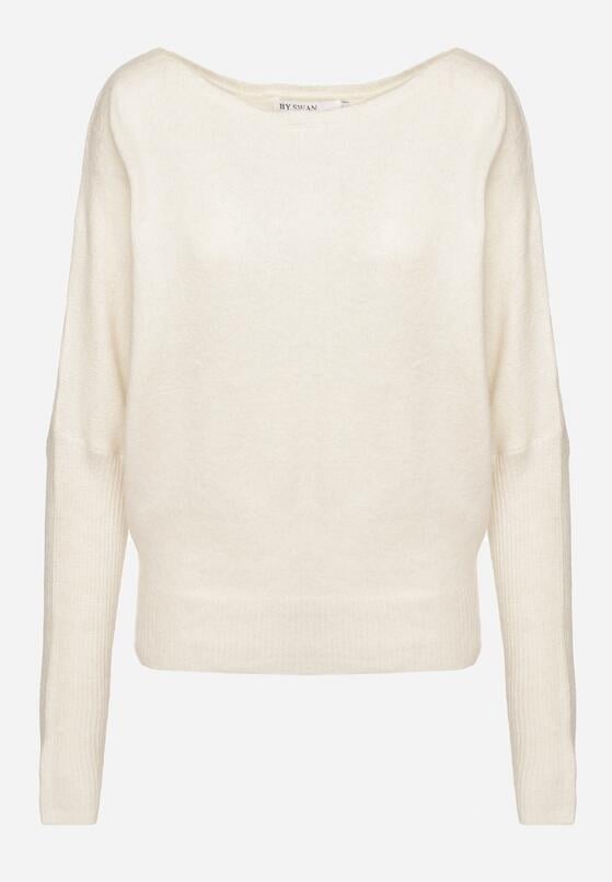 Jasnobeżowy Sweter z Lnem i Dekoltem w Łódkę o Kroju Oversize Sassirra 6