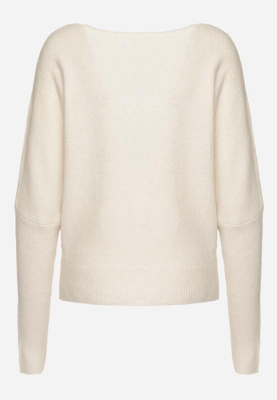 Jasnobeżowy Sweter z Lnem i Dekoltem w Łódkę o Kroju Oversize Sassirra 7