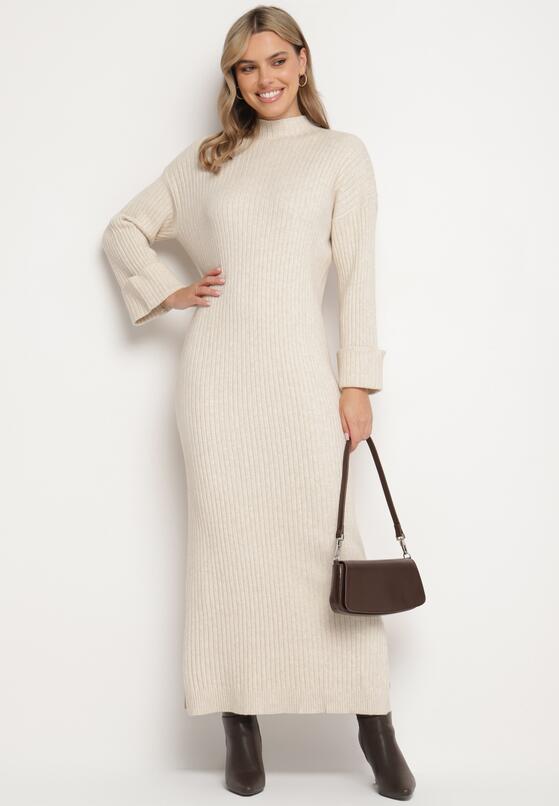 Beżowa Sweterkowa Sukienka z Wiskozą i Wywiniętymi Rękawami Gebiga 2