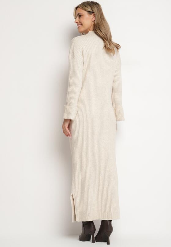 Beżowa Sweterkowa Sukienka z Wiskozą i Wywiniętymi Rękawami Gebiga 3