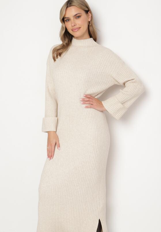 Beżowa Sweterkowa Sukienka z Wiskozą i Wywiniętymi Rękawami Gebiga 4