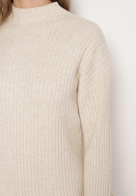 Beżowa Sweterkowa Sukienka z Wiskozą i Wywiniętymi Rękawami Gebiga 5