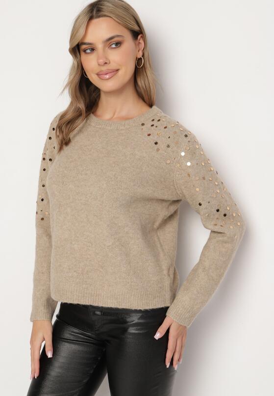 Beżowy Sweter z Bawełną Ozdobiony Cekinami Ceana 4