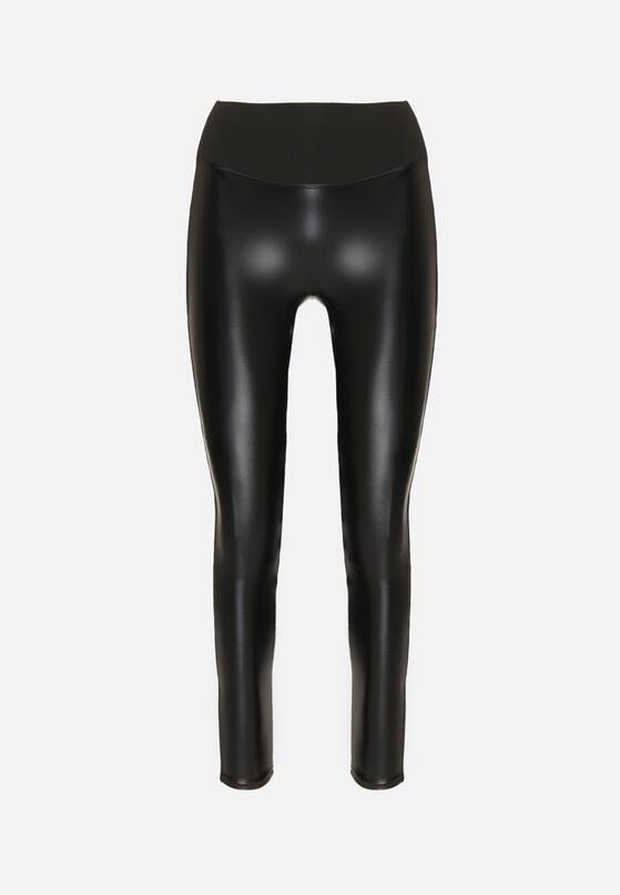 Czarne Ocieplane Legginsy High Waist z Imitacji Skóry z Bawełną Kevemi 6