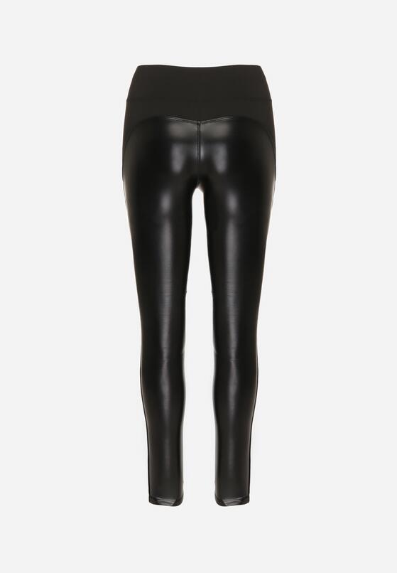 Czarne Ocieplane Legginsy High Waist z Imitacji Skóry z Bawełną Kevemi 7