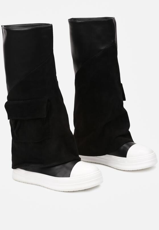 Czarne Kozaki w Stylu Trampek z Wywiniętą Cholewką z Imitacji Zamszu z Kieszonką Halemi 5