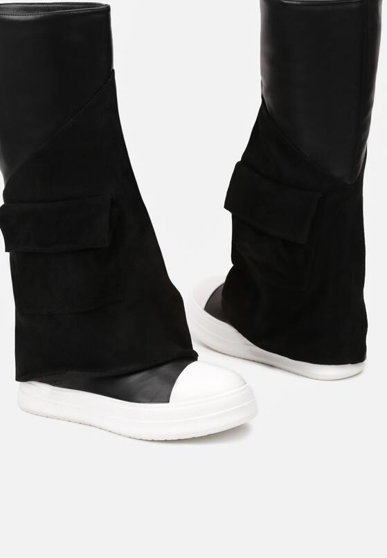 Czarne Kozaki w Stylu Trampek z Wywiniętą Cholewką z Imitacji Zamszu z Kieszonką Halemi 6