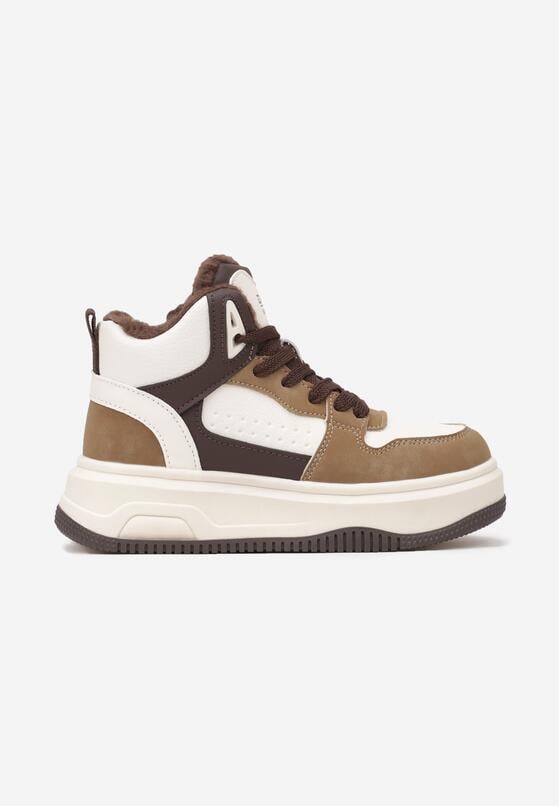 Biało-Brązowe Botki Sneakersy na Grubej Podeszwie Ocieplane Futrem Nilremi 1