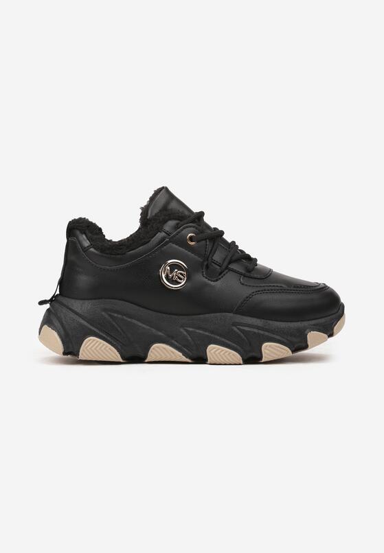 Czarne Ocieplane Sneakersy na Grubej Podeszwie z Geometrycznym Wzorem i Aplikacją Delariana 4