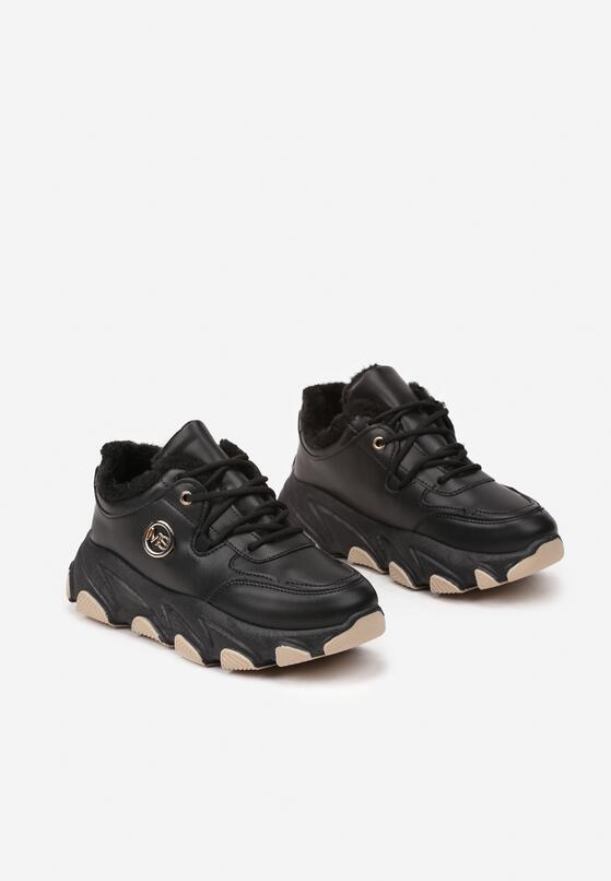 Czarne Ocieplane Sneakersy na Grubej Podeszwie z Geometrycznym Wzorem i Aplikacją Delariana 5