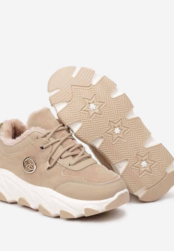 Ciemnobeżowe Sneakersy na Grubej Podeszwie z Tłoczeniami Ocieplane Futrem Caleti 6