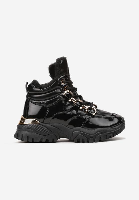Czarne Płaskie Ocieplane Sneakersy Lakierowane Ozdobione Łańcuchem Senovia 4