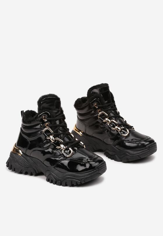 Czarne Płaskie Ocieplane Sneakersy Lakierowane Ozdobione Łańcuchem Senovia 5