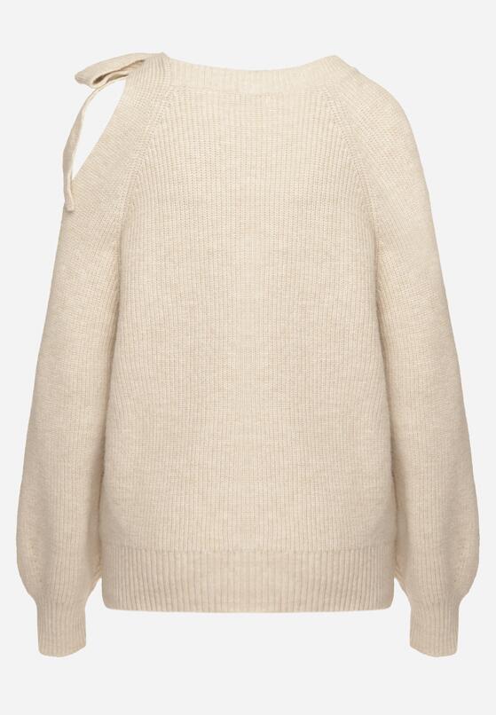 Beżowy Sweter Ozdobiony Kokardą i Wycięciem Noredi 7