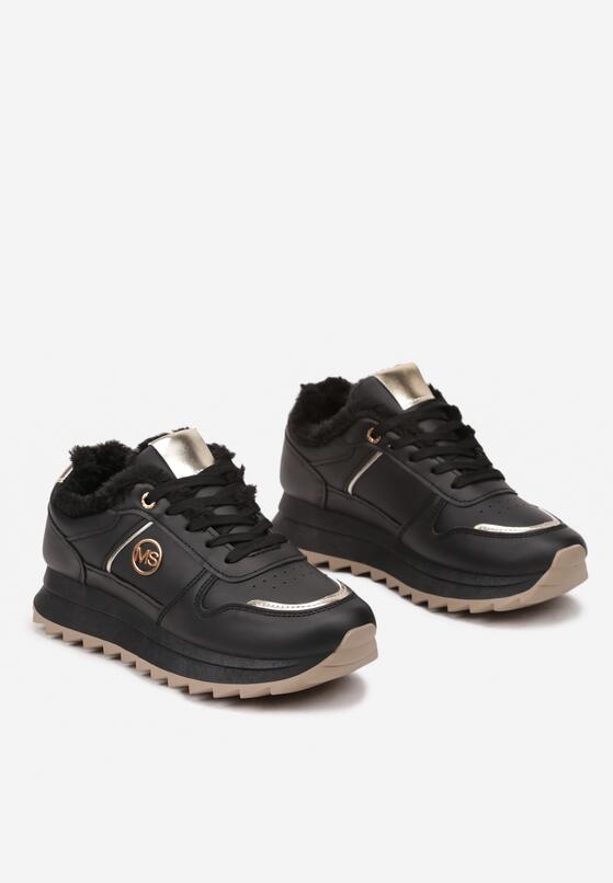 Czarne Sneakersy na Płaskiej Podeszwie z Metalicznymi Wstawkami i Ociepleniem Adelanna 5