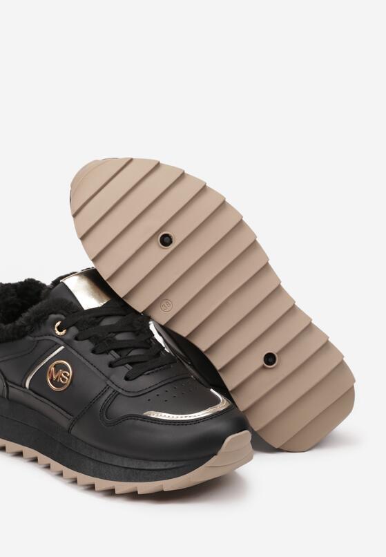 Czarne Sneakersy na Płaskiej Podeszwie z Metalicznymi Wstawkami i Ociepleniem Adelanna 6