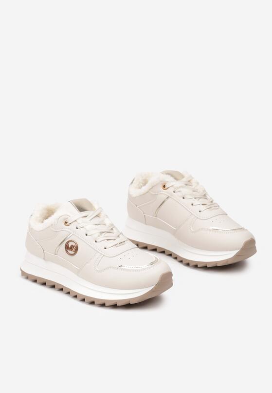 Beżowe Sneakersy na Płaskiej Podeszwie z Metalicznymi Wstawkami i Ociepleniem Adelanna 5