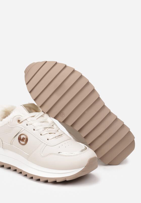 Beżowe Sneakersy na Płaskiej Podeszwie z Metalicznymi Wstawkami i Ociepleniem Adelanna 6