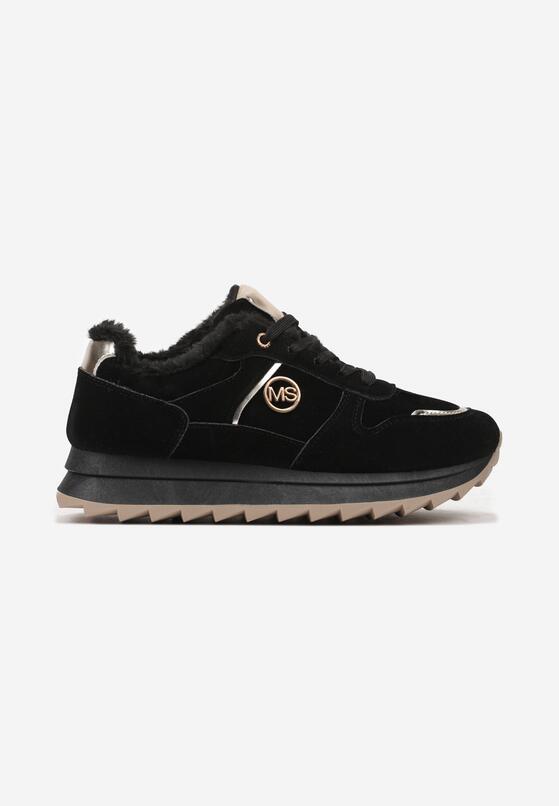 Czarne Płaskie Sznurowane Sneakersy Ocieplane Ozdobione Metalicznymi Aplikacjami Cyrirra 4