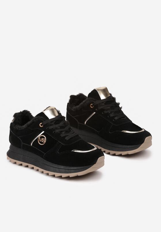 Czarne Płaskie Sznurowane Sneakersy Ocieplane Ozdobione Metalicznymi Aplikacjami Cyrirra 5