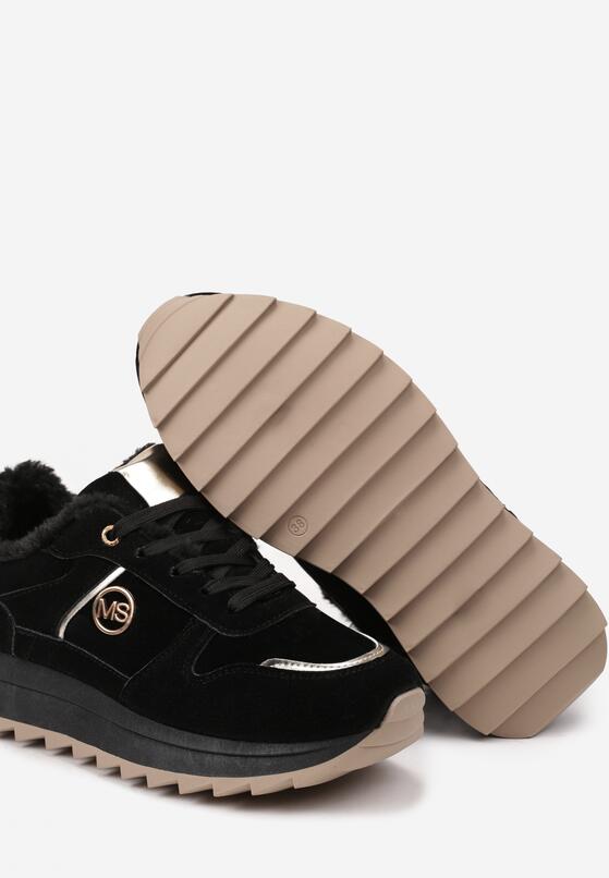 Czarne Płaskie Sznurowane Sneakersy Ocieplane Ozdobione Metalicznymi Aplikacjami Cyrirra 6