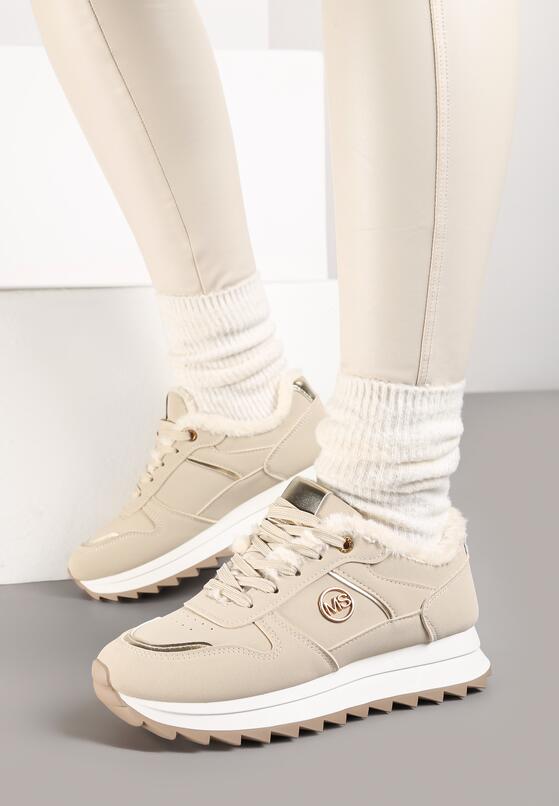 Beżowe Płaskie Sznurowane Sneakersy Ocieplane Ozdobione Metalicznymi Aplikacjami Cyrirra 2