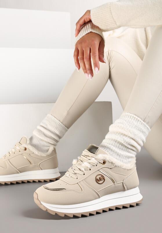 Beżowe Płaskie Sznurowane Sneakersy Ocieplane Ozdobione Metalicznymi Aplikacjami Cyrirra 1