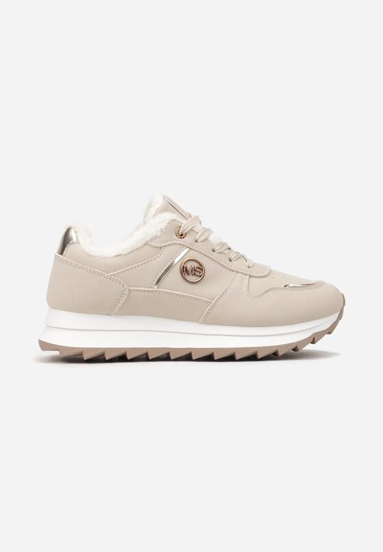 Beżowe Płaskie Sznurowane Sneakersy Ocieplane Ozdobione Metalicznymi Aplikacjami Cyrirra 4
