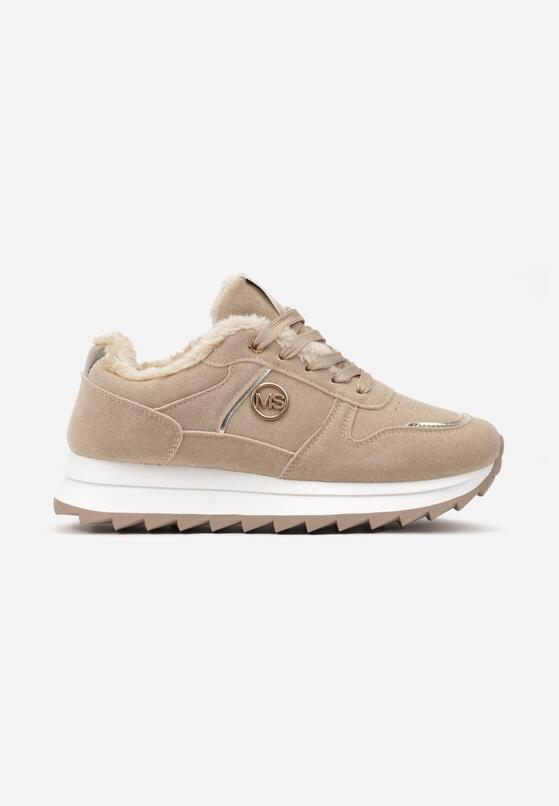 Ciemnobeżowe Płaskie Sznurowane Sneakersy Ocieplane Ozdobione Metalicznymi Aplikacjami Cyrirra 4